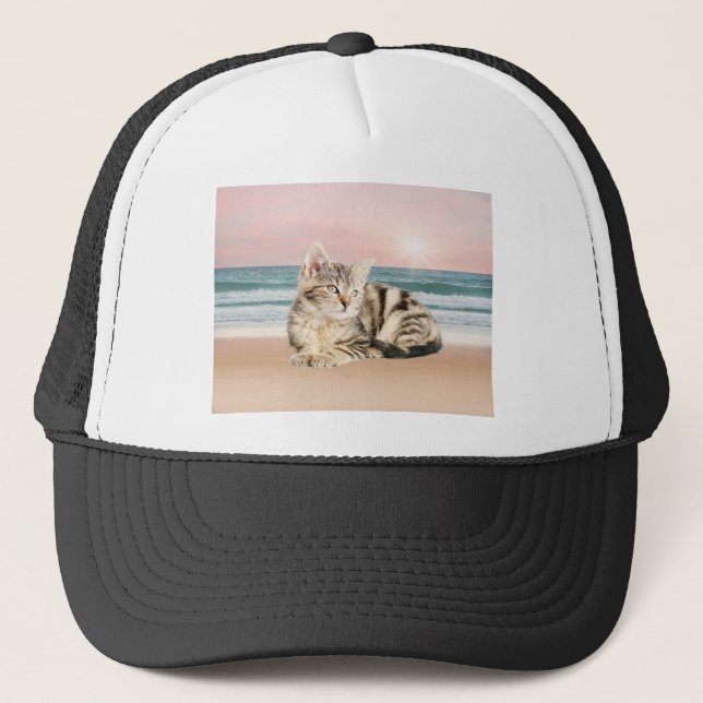 A Cuter Striped Cat Sitting on Beach with sunset Trucker Hat (Front)