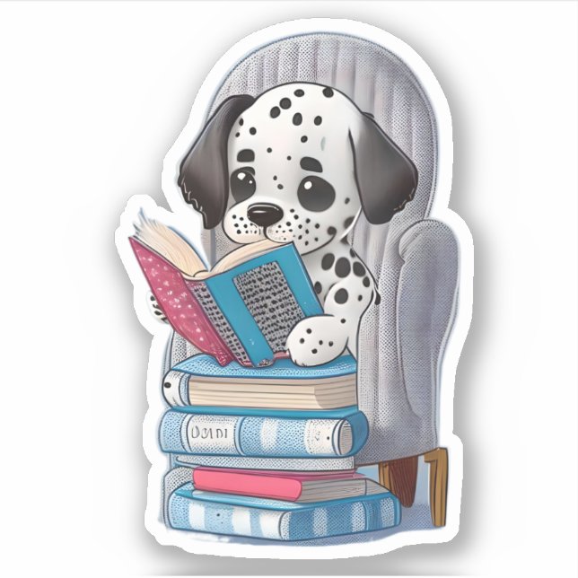 A Dalmation puppy reading a book (Front)