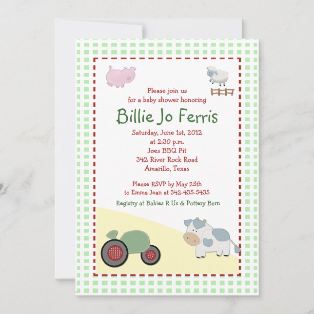 A Day on the Farm 5x7 Barnyard Baby Shower Invitation (Front)