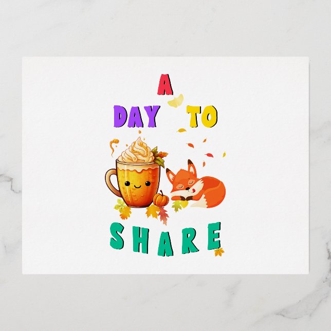 A Day To Share Ginkgo Oak Botany Fox Thanksgiving Foil Holiday Postcard (Front)