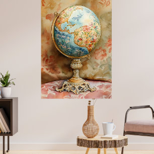 A decorative globe adorned with floral motifs poster