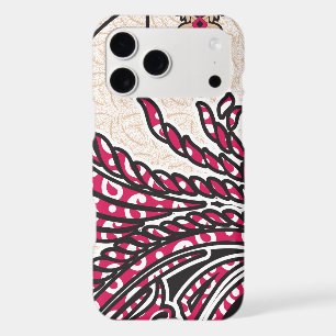 A decorative paisley design with vivid red and pin