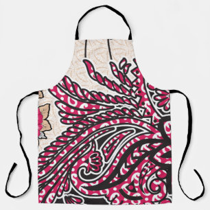 A decorative paisley design with vivid red and pin apron