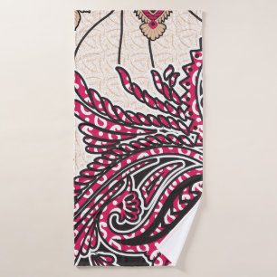 A decorative paisley design with vivid red and pin bath towel