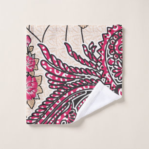 A decorative paisley design with vivid red and pin bath towel set