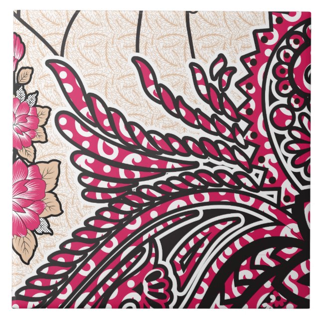 A decorative paisley design with vivid red and pin ceramic tile (Front)