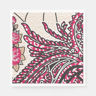 A decorative paisley design with vivid red and pin napkin