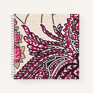 A decorative paisley design with vivid red and pin notebook