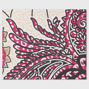 A decorative paisley design with vivid red and pin wrapping paper