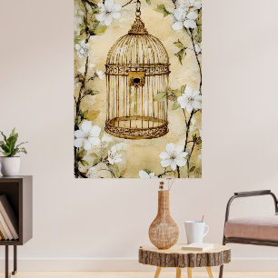 A decorative, vintage-style birdcage suspended poster