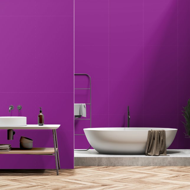 A deep purple background accented by a bright whit wallpaper (Bathroom)