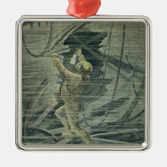 A Deep Sea Diver Looking at the Wrecks Metal Ornament (Front)