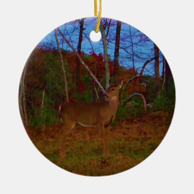 A Deer: Gold Red Green and Blue Ceramic Ornament (Front)