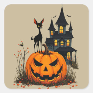 A Deer on a Halloween Pumpkin and a Haunted House Square Sticker