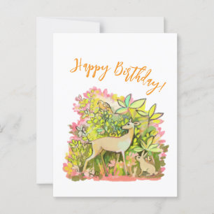 A deer, rabbit and bird friends painting postcard
