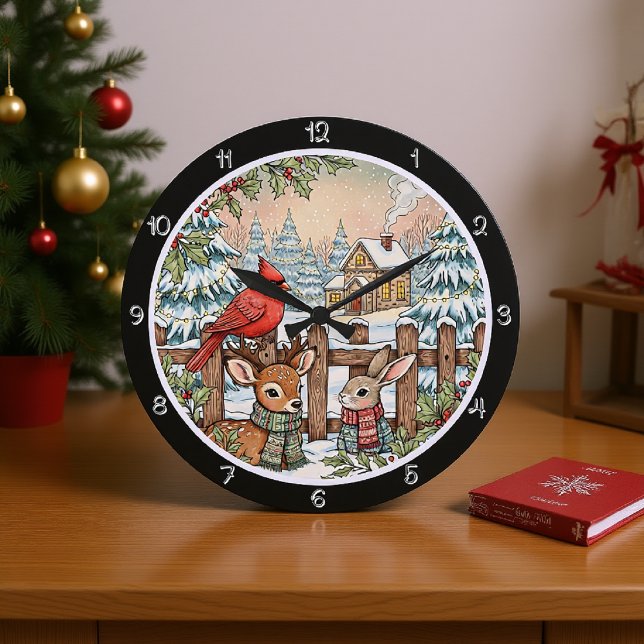 A Deer, Rabbit, and Cardinal Christmas Large Clock (Creator Uploaded)