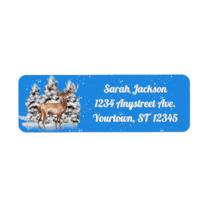 A Deer Snow and Trees on Blue Return Address Label