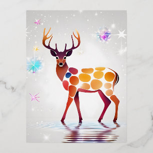 A deer with spots that turn into glowing stars is foil holiday postcard