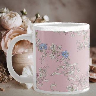 a delicate bouquet of wildflowers on a pink backgr large coffee mug