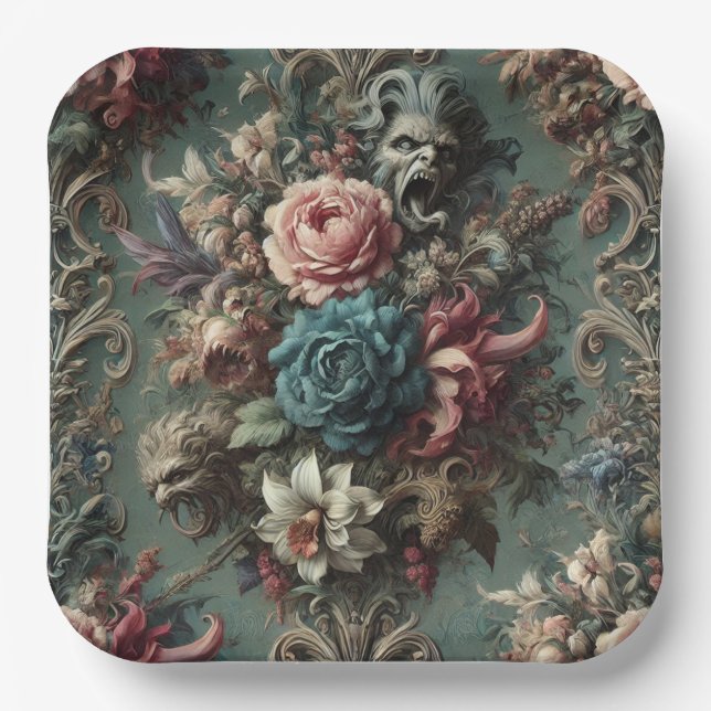 A Deranged Dirge – Gothic Floral Design Paper Plate (Front)
