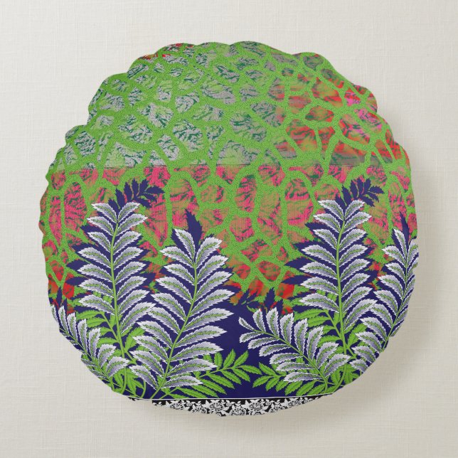 a design of a green and yellow pattern round cushion (Front)