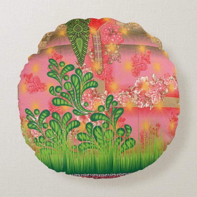 a design of a mirror and some plants round cushion (Front)