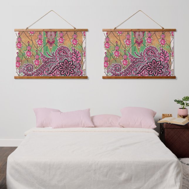 a design of a pink and brown paisley pattern hanging tapestry (Bedroom)