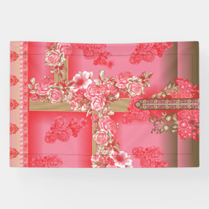 a design of a pink and gold background with a red banner