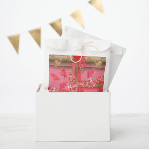 a design of a pink and gold background with a red favour bag