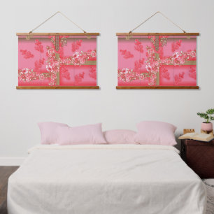 a design of a pink and gold background with a red hanging tapestry