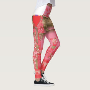 a design of a pink and gold background with a red  leggings