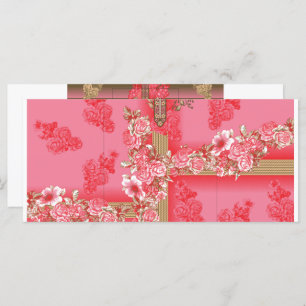 a design of a pink and gold background with a red  menu
