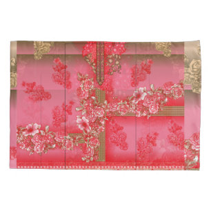 a design of a pink and gold background with a red pillowcase
