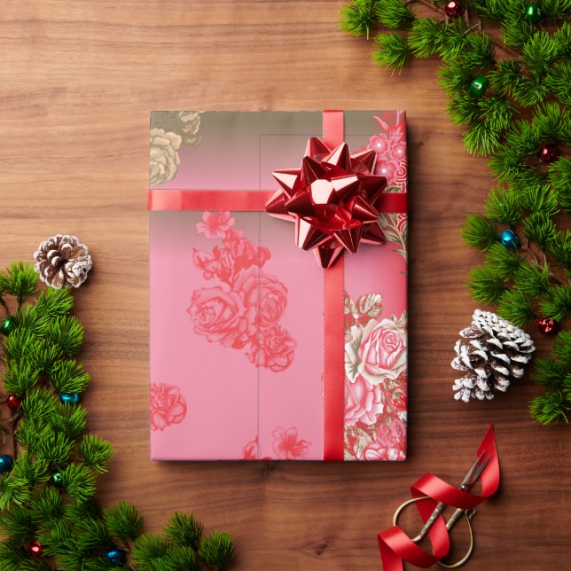 a design of a pink and gold background with a red  wrapping paper (Holiday Gift)