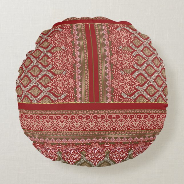 a design of a red and beige pattern_ round cushion (Front)