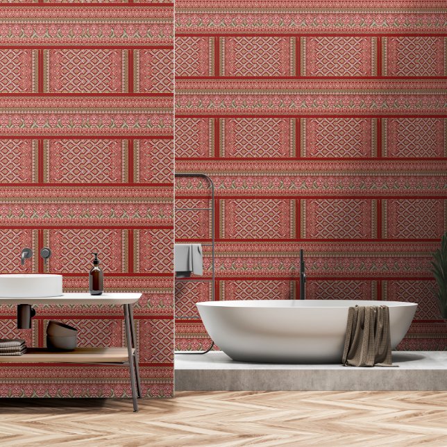 a design of a red and beige pattern_ wallpaper (Bathroom)