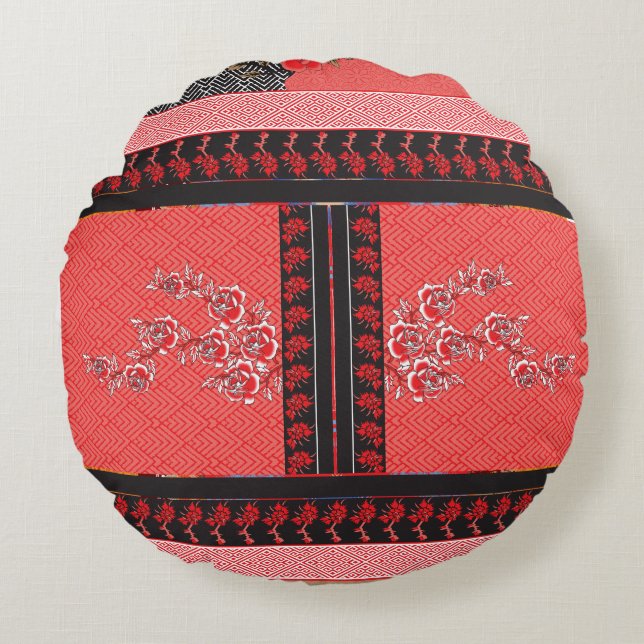a design of a red and black wallpaper round cushion (Front)
