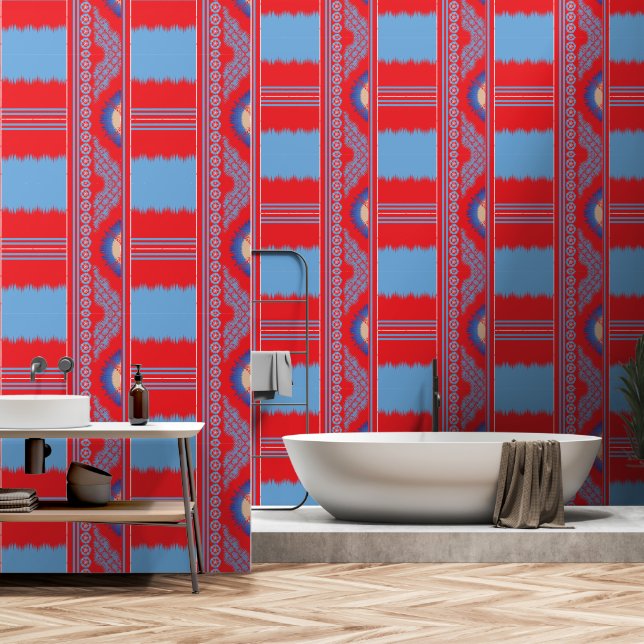 a design of a red and blue pattern wallpaper (Bathroom)