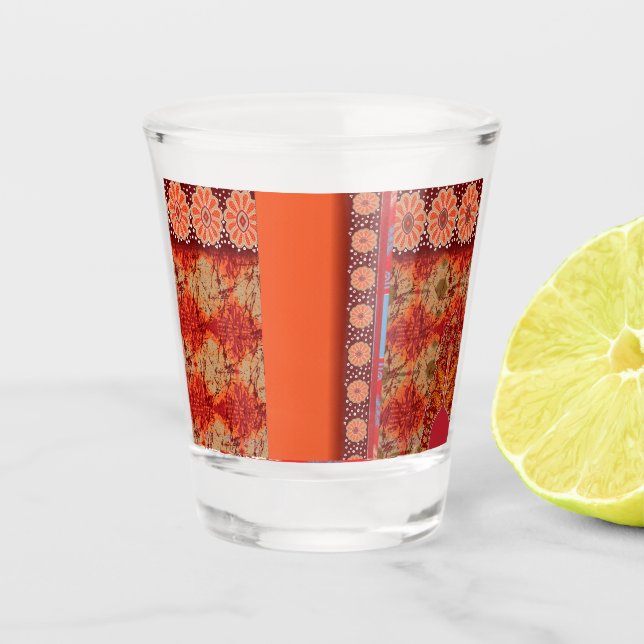 a design of a red and gold pattern shot glass (Front)
