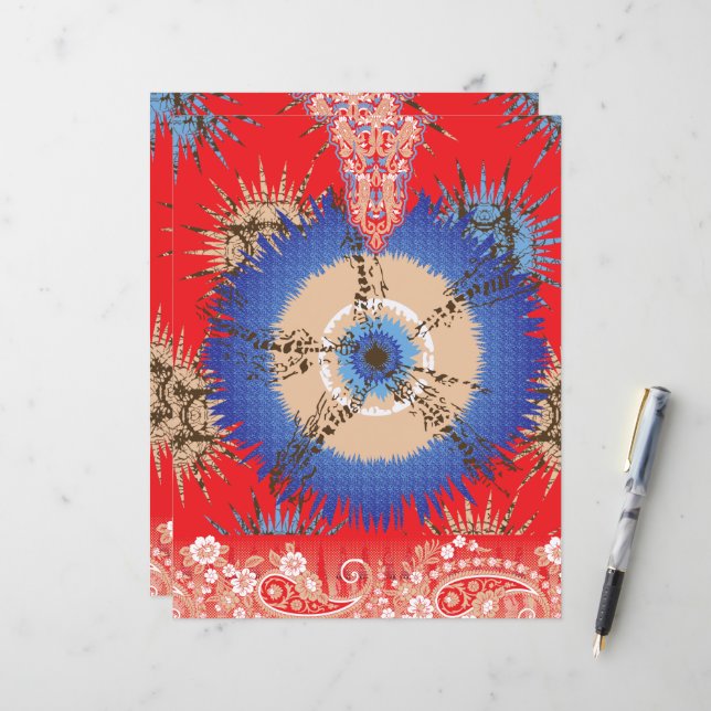 a design of a red background with a blue circle (Front/Back In Situ)