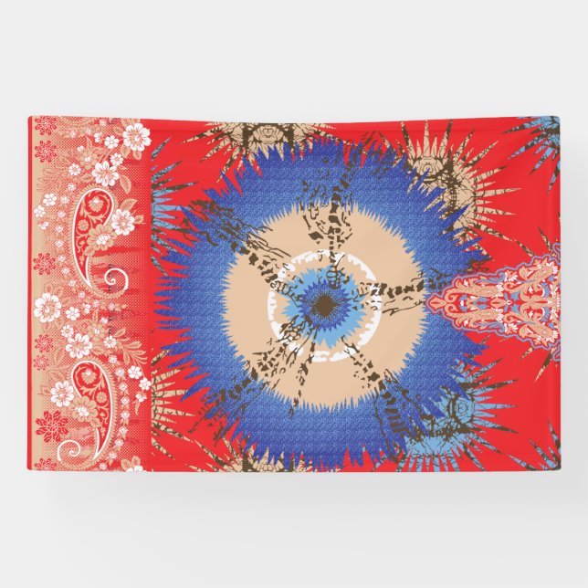a design of a red background with a blue circle banner (Horizontal)