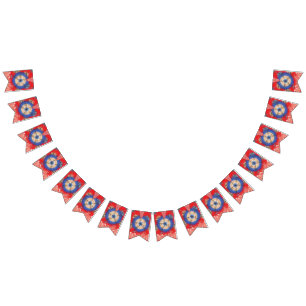 a design of a red background with a blue circle bunting