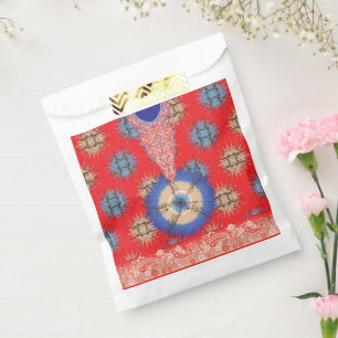 a design of a red background with a blue circle favour bag