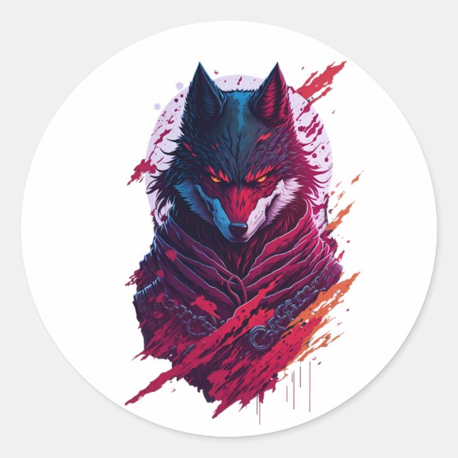 A detailed illustration face evil ninja wolf classic round sticker (Front)