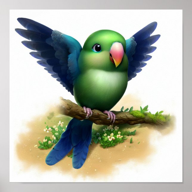 A Digital Painting of a Cute Indigo-Winged Parrot Poster (Front)