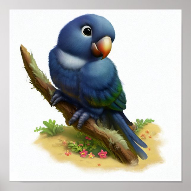 A Digital Painting of a Cute Indigo-Winged Parrot Poster (Front)