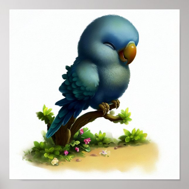 A Digital Painting of a Cute Indigo-Winged Parrot Poster (Front)