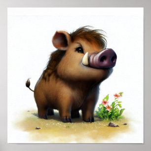 A Digital Painting of a Young Cute Warthog Poster