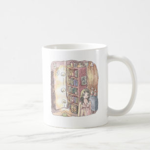 A dim object and a woman's illustration floating b coffee mug