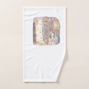 A dim object and a woman's illustration floating b hand towel